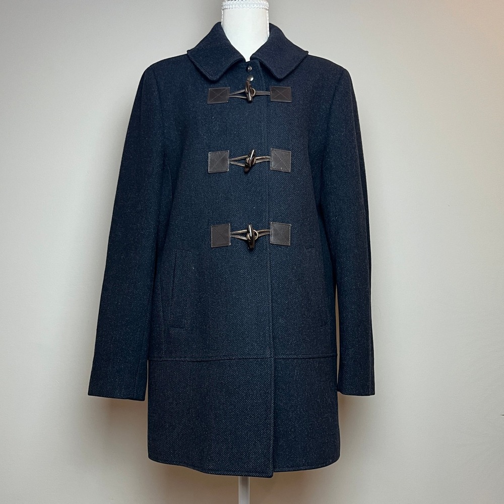 Brooks Brothers Womens Navy Blue Wool Toggle Coat Jacket Size 14 Stripe Lining